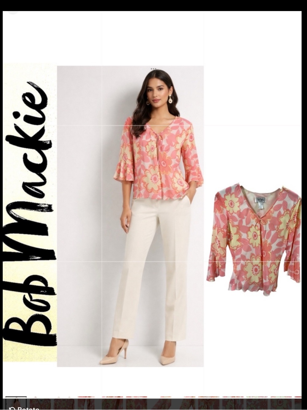 Bob Mackie 100% silk blouse with a pink, peach, and yellow retro floral print. 6